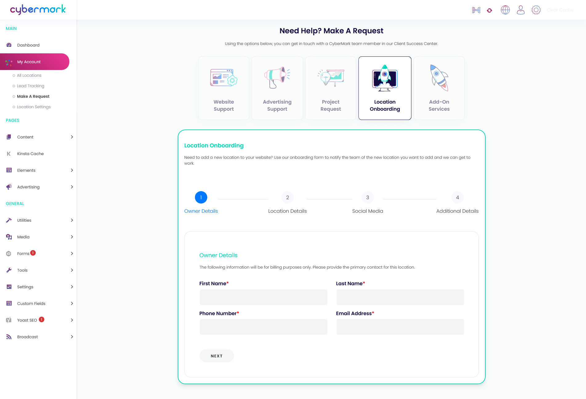 a location onboarding form in the website dashboard