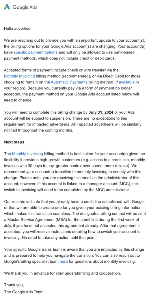 google ads billing change 2024